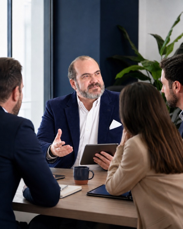 Servio Fernández trabajando con un equipo profesional alrededor de una mesa