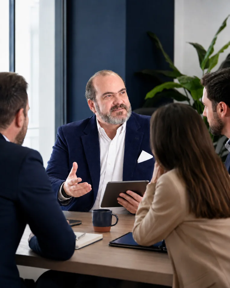 Servio Fernández trabajando con un equipo profesional alrededor de una mesa
