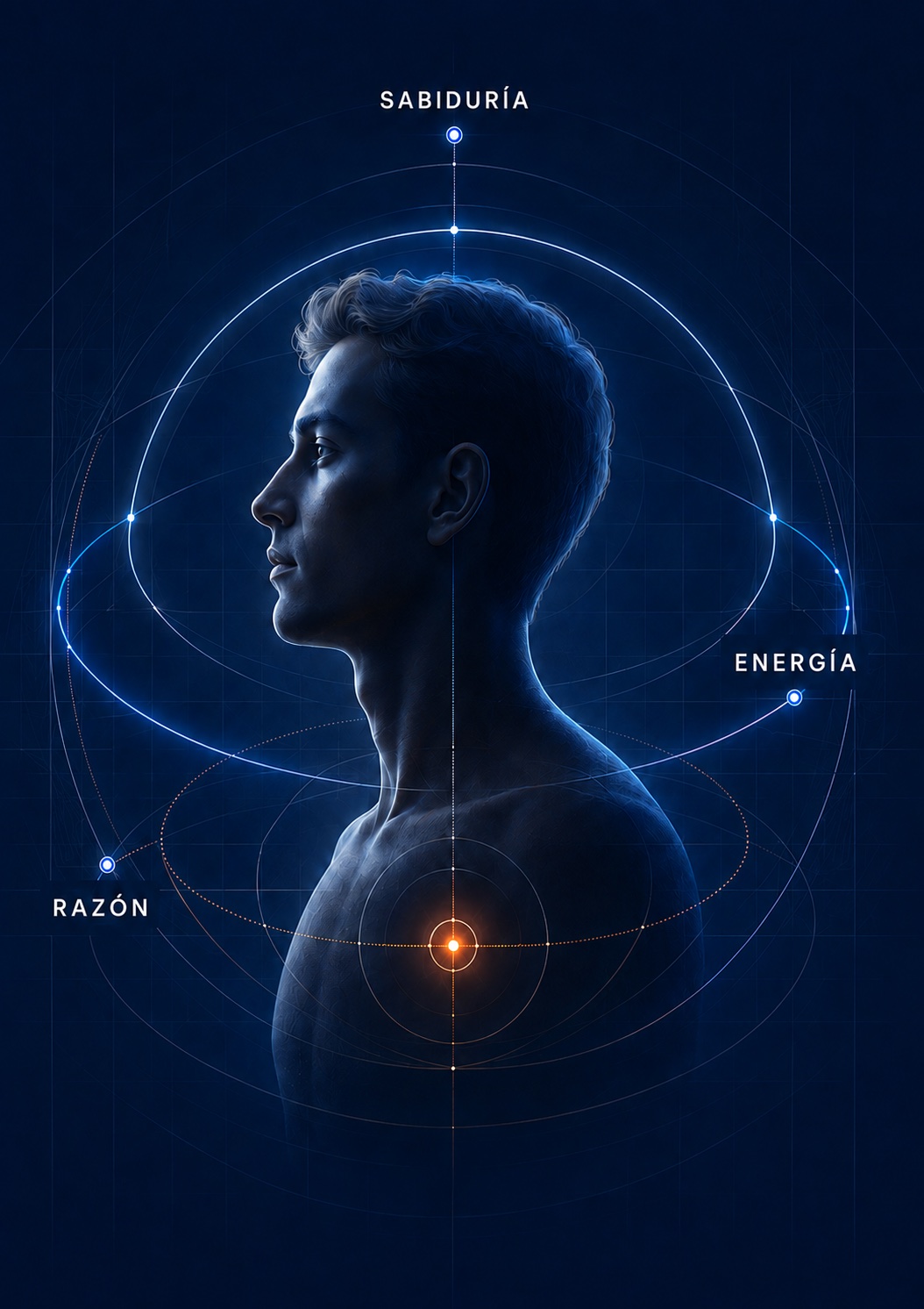 Figura humana de perfil rodeada de órbitas que señalan sabiduría, energía y razón, con un punto de luz naranja en el centro del pecho
