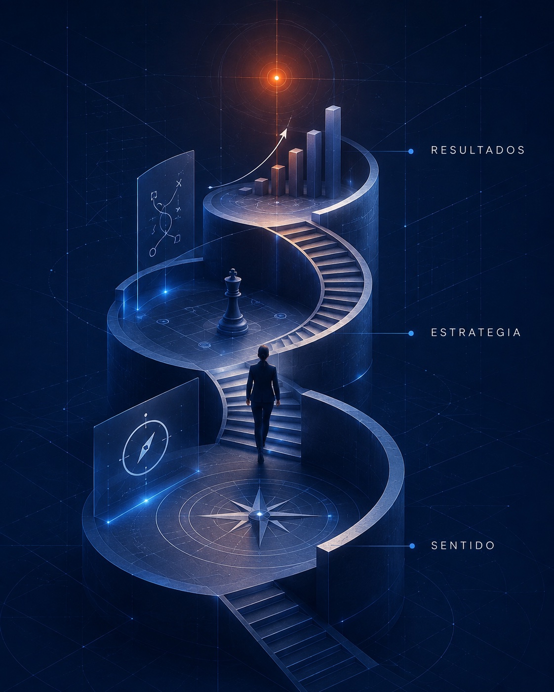 Escalera en espiral de tres niveles —sentido, estrategia y resultados— que una persona asciende hacia un punto de luz naranja